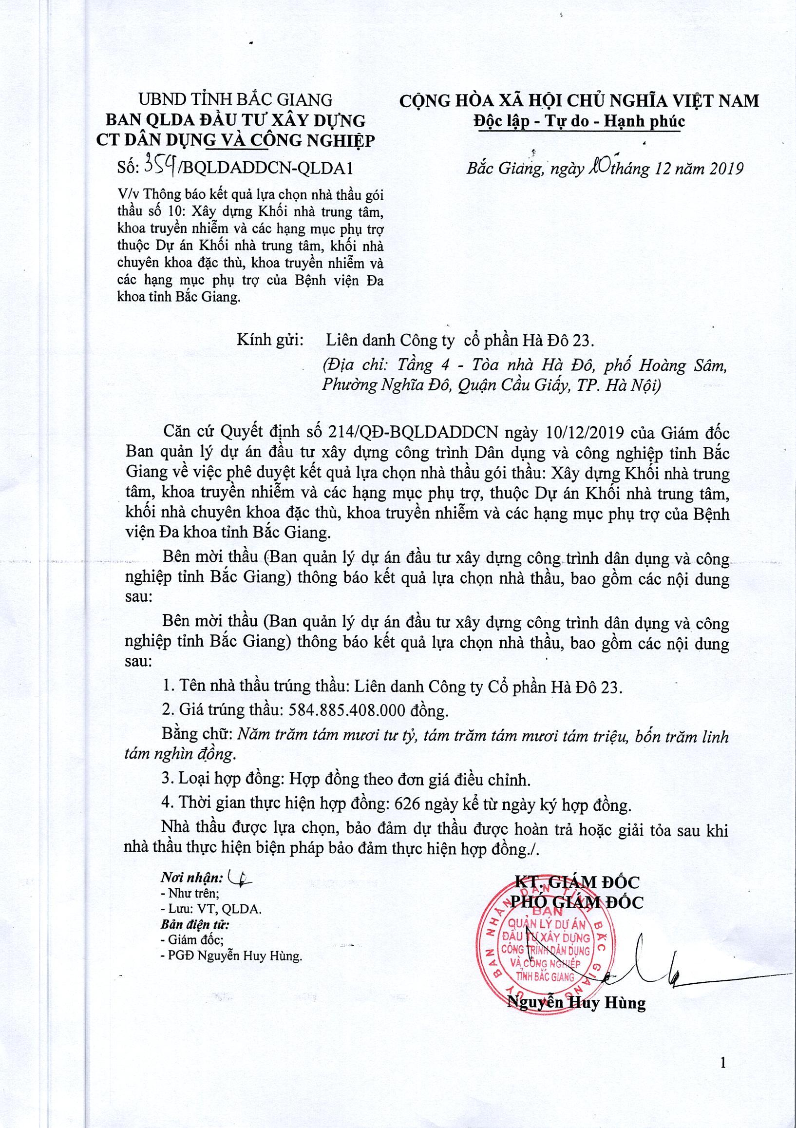 THÔNG BÁO TRÚNG THẦU CÔNG TRÌNH BỆNH VIỆN ĐA KHOA TỈNH BẮC GIANG