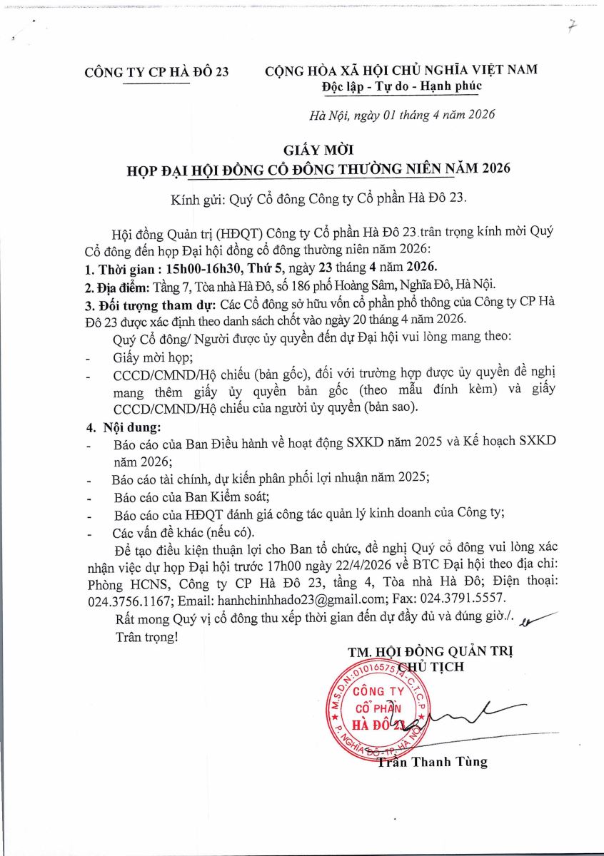 THƯ MỜI HỌP ĐẠI HỘI ĐỒNG CỔ ĐÔNG THƯỜNG NIÊN NĂM 2026